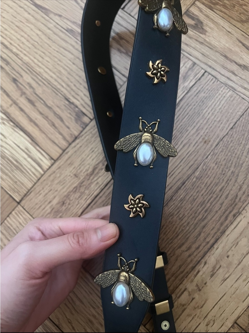 Black Leather Strap with Gold Bee Accents and Pearlescent Stones - Picture 2 of 3